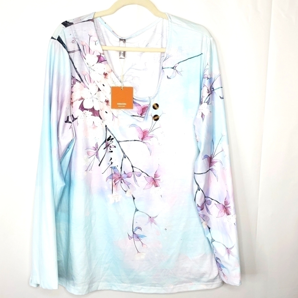 Noracora Asymmetric Collar Shirt Size 4XL Floral Long Sleeve Stretchy Top NEW